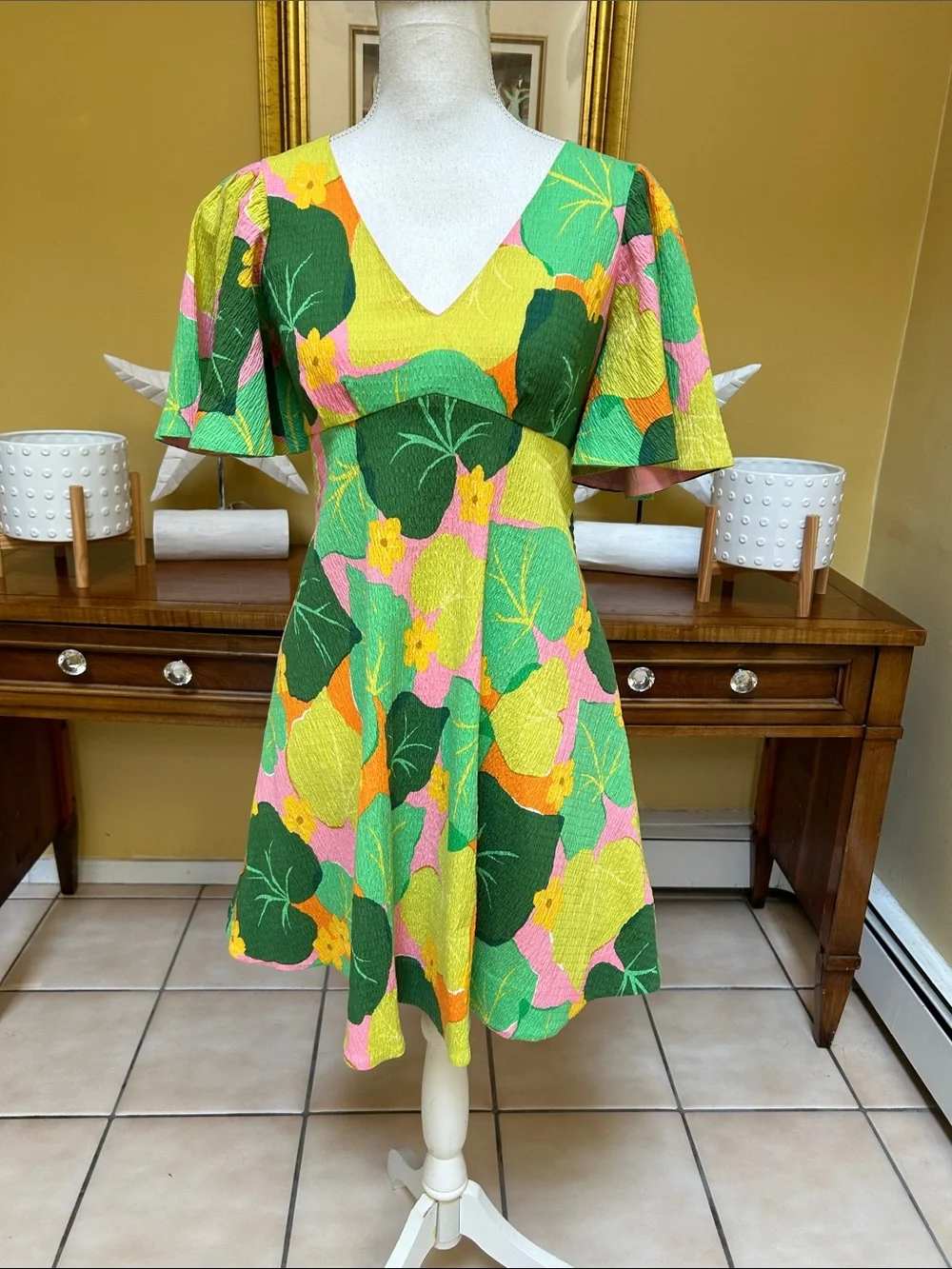 Kate Spade New York Cucumber Floral Pink Green V Neck Flutter Sleeve Mini Dress